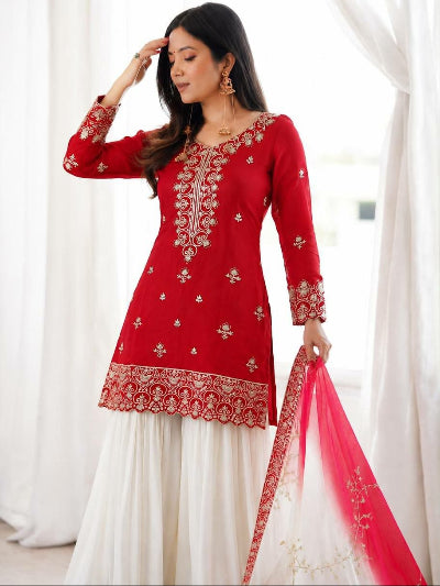 Festive Silk Embroidered Work Sharara Suit for Women- 2 Colours