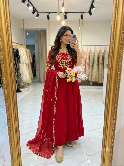 Red Karwa Chauth Georgette Embroidered Anarkali Gown Suit Set