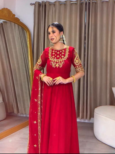 Red Karwa Chauth Georgette Embroidered Anarkali Gown Suit Set