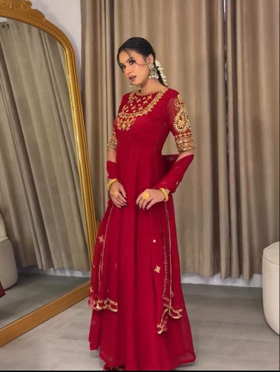 Red Karwa Chauth Georgette Embroidered Anarkali Gown Suit Set