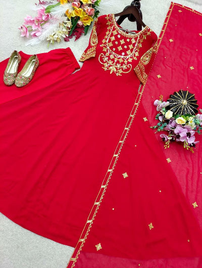 Red Karwa Chauth Georgette Embroidered Anarkali Gown Suit Set