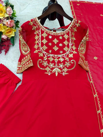 Red Karwa Chauth Georgette Embroidered Anarkali Gown Suit Set