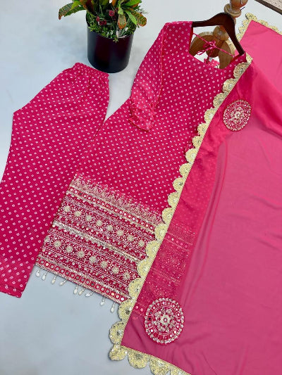 Hot Pink Georgette Bandhani Embroidered Straight Suit For Women