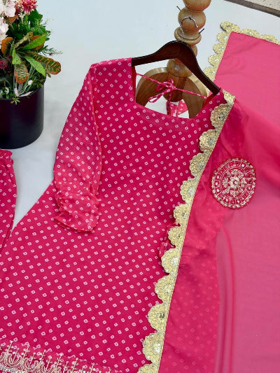 Hot Pink Georgette Bandhani Embroidered Straight Suit For Women