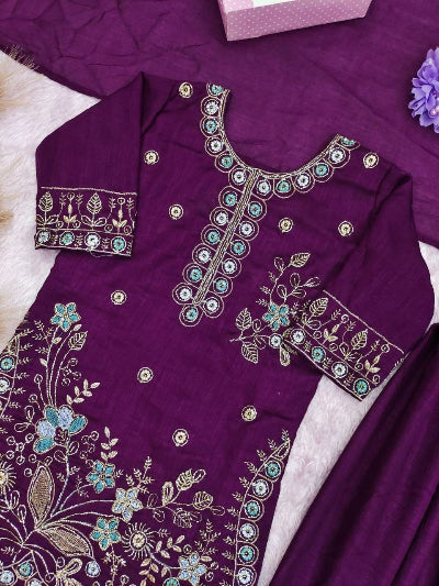 Kids Purple Embroidered Kurta Patiyala Dupatta Set