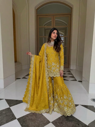 Wedding Wear Embroidery Work Gharara Set- 5 Colours