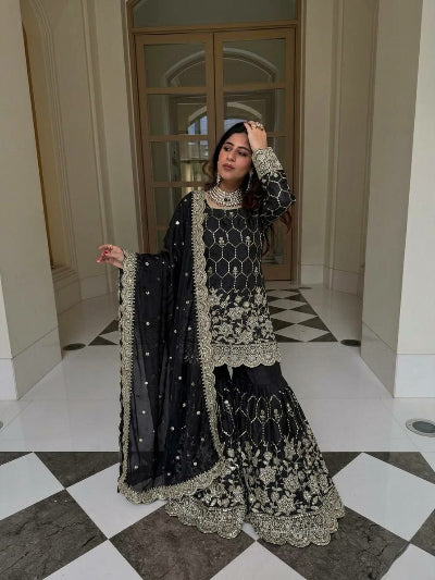 Wedding Wear Embroidery Work Gharara Set- 5 Colours