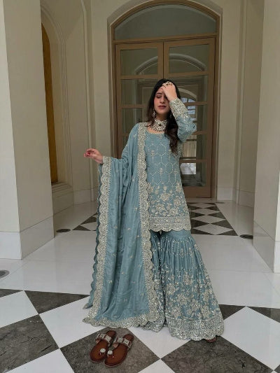 Wedding Wear Embroidery Work Gharara Set- 5 Colours