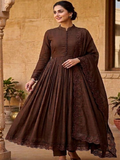 Brown Roman Silk Embroidery Modest Anarkali Suit Set
