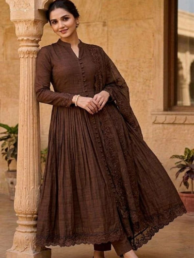 Brown Roman Silk Embroidery Modest Anarkali Suit Set