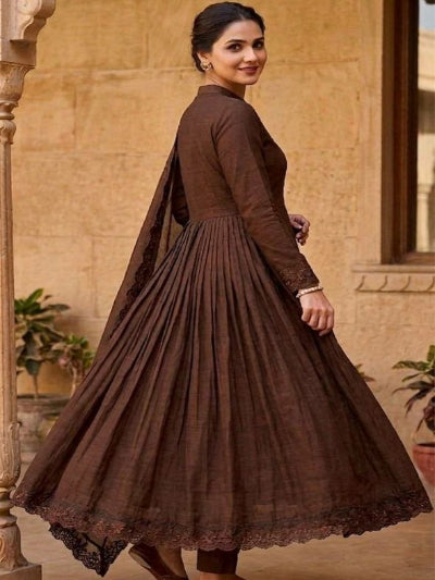 Brown Roman Silk Embroidery Modest Anarkali Suit Set