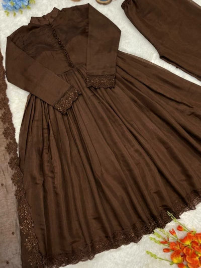 Brown Roman Silk Embroidery Modest Anarkali Suit Set