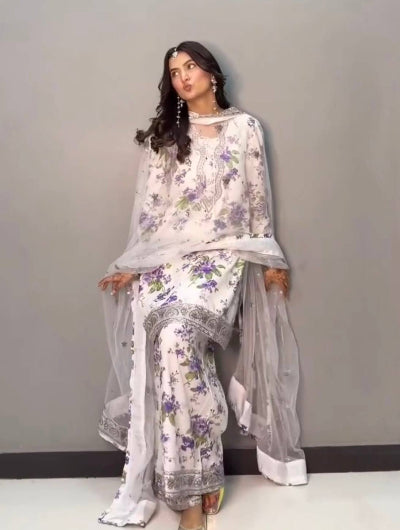White Georgette Floral Palazzo Suit Set