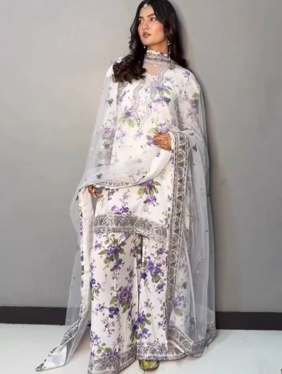 White Georgette Floral Palazzo Suit Set