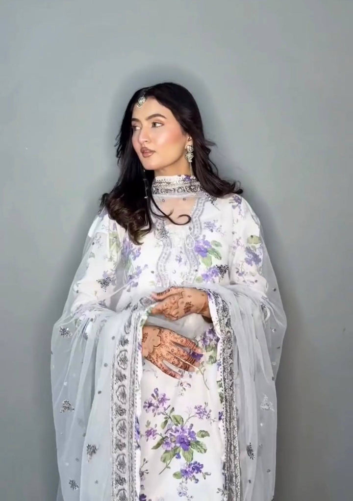 White Georgette Floral Palazzo Suit Set