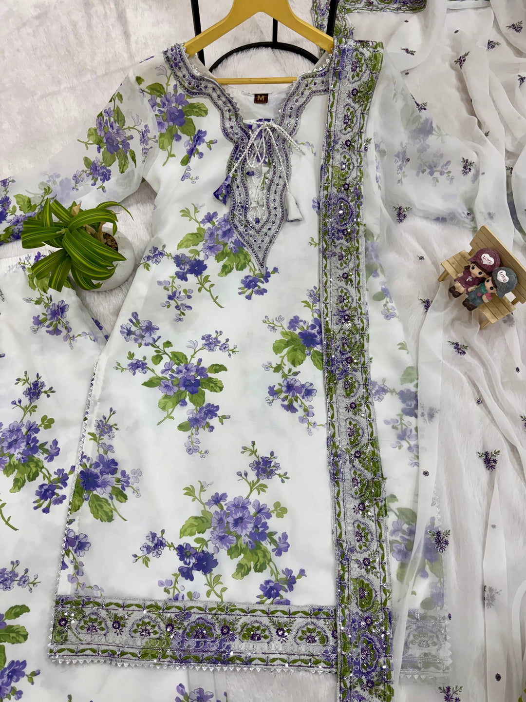White Georgette Floral Palazzo Suit Set