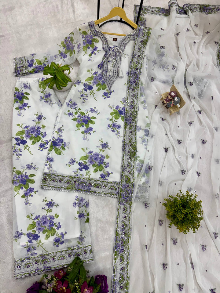 White Georgette Floral Palazzo Suit Set