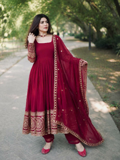 Red Georgette Gold Embroidered Anarkali Suit Set