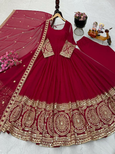 Red Georgette Gold Embroidered Anarkali Suit Set