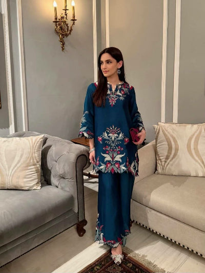Teal Blue Embroidery Cut Work Co-Ord Set