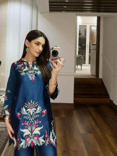 Teal Blue Embroidery Cut Work Co-Ord Set