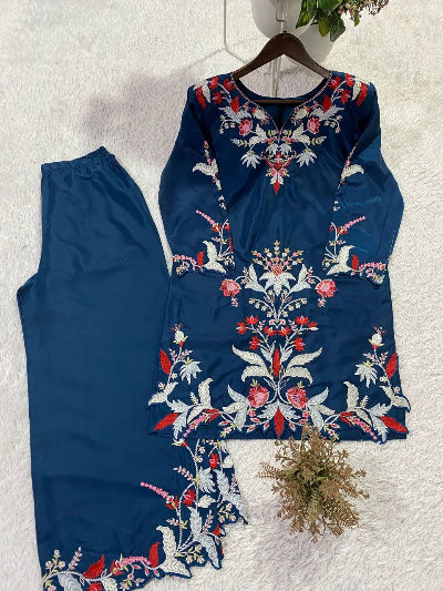 Teal Blue Embroidery Cut Work Co-Ord Set