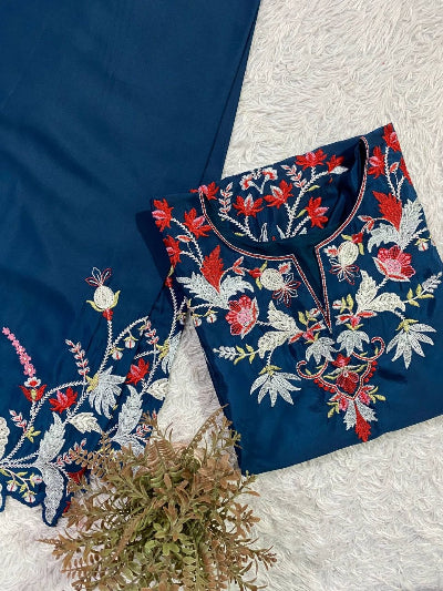 Teal Blue Embroidery Cut Work Co-Ord Set