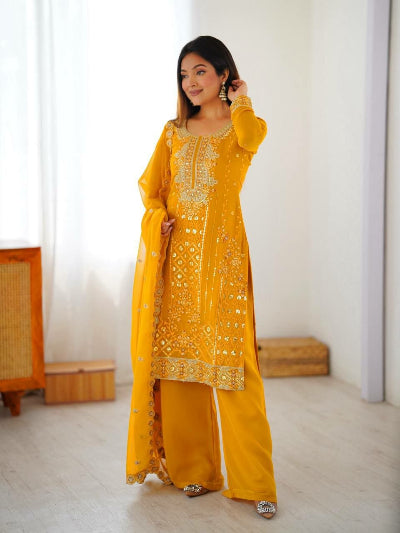 Yellow Georgette Palazzo Suit with Embroidered Dupatta
