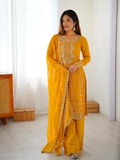 Yellow Georgette Palazzo Suit with Embroidered Dupatta