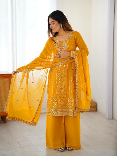 Yellow Georgette Palazzo Suit with Embroidered Dupatta