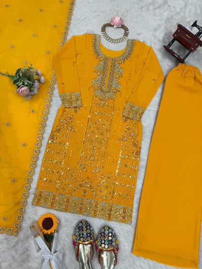 Yellow Georgette Palazzo Suit with Embroidered Dupatta