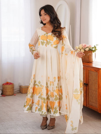White Yellow Floral Organza Anarkali Suit Set