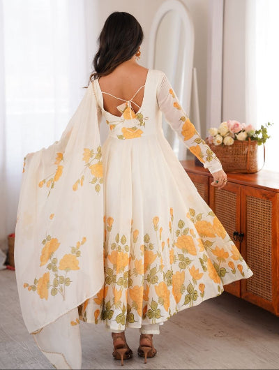 White Yellow Floral Organza Anarkali Suit Set