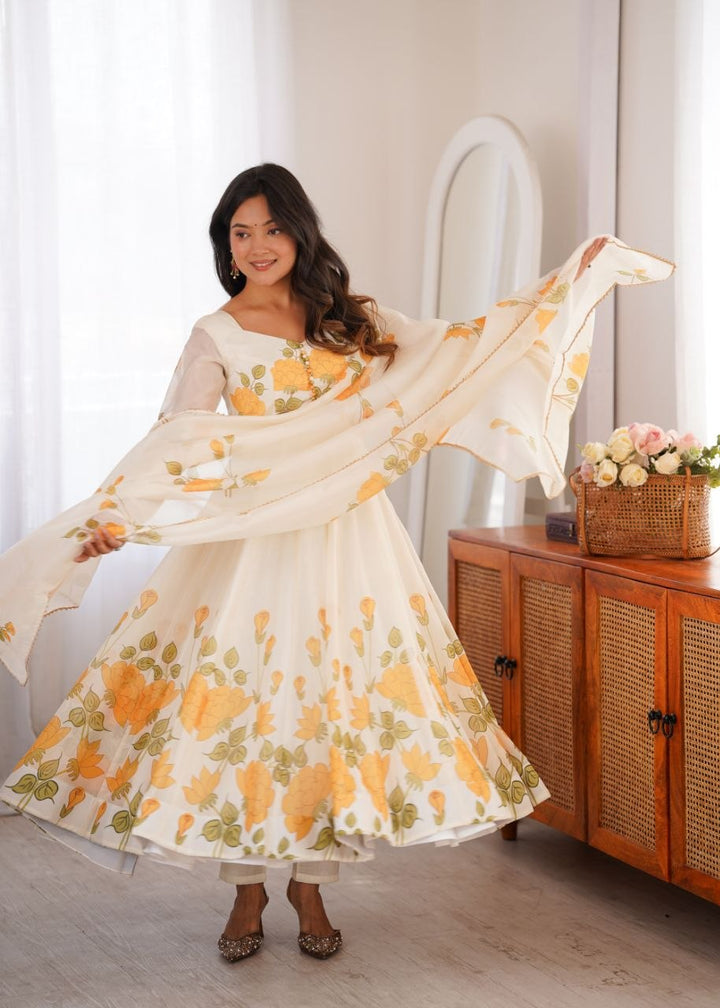 White Yellow Floral Organza Anarkali Suit Set