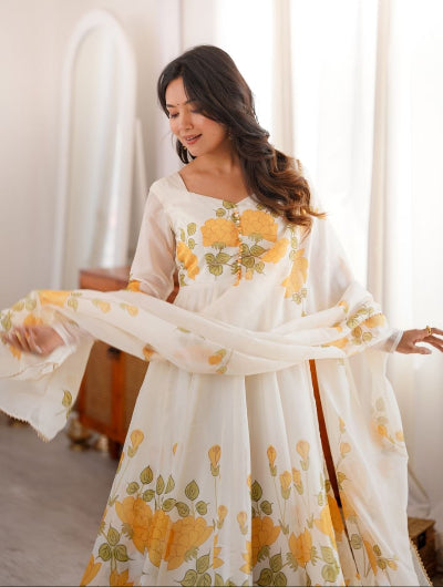 White Yellow Floral Organza Anarkali Suit Set