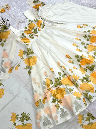 White Yellow Floral Organza Anarkali Suit Set