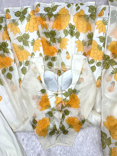 White Yellow Floral Organza Anarkali Suit Set