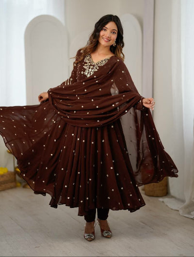 Coffee Brown Georgette Embroidered Anarkali Suit | Asian Wear