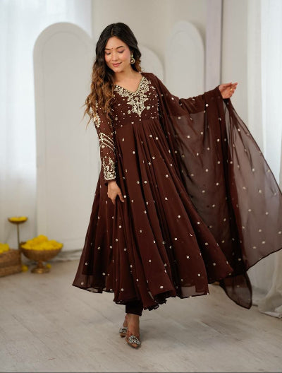 Coffee Brown Georgette Embroidered Anarkali Suit | Asian Wear