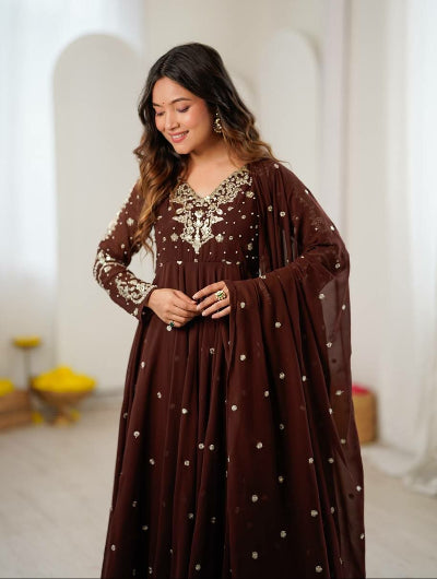 Coffee Brown Georgette Embroidered Anarkali Suit | Asian Wear