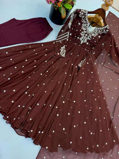 Coffee Brown Georgette Embroidered Anarkali Suit | Asian Wear
