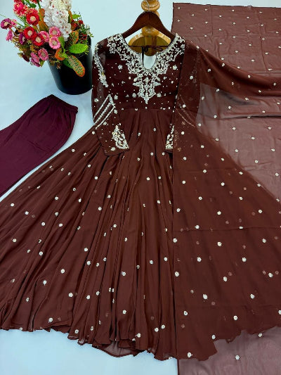 Coffee Brown Georgette Embroidered Anarkali Suit | Asian Wear