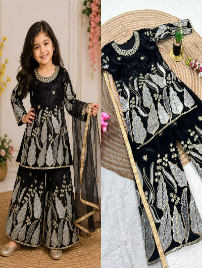 Kids Black and Gold Embroidered Lehenga Kurta Dupatta Set