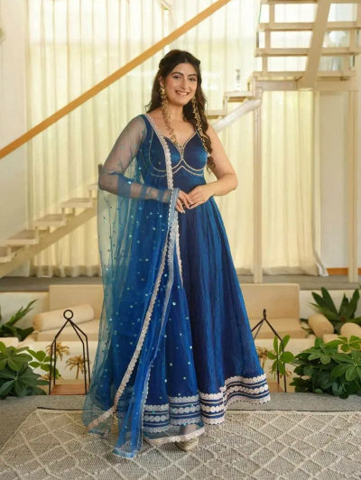 Teal Blue Silk Sleeveless Flair Anarkali Suit Set