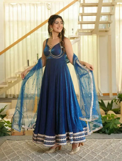 Teal Blue Silk Sleeveless Flair Anarkali Suit Set