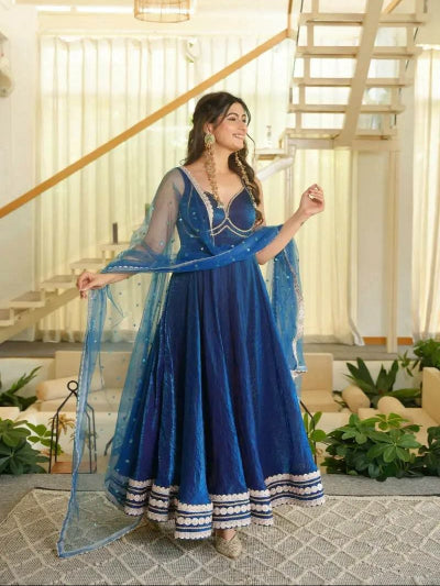 Teal Blue Silk Sleeveless Flair Anarkali Suit Set