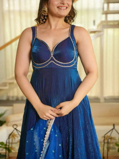 Teal Blue Silk Sleeveless Flair Anarkali Suit Set