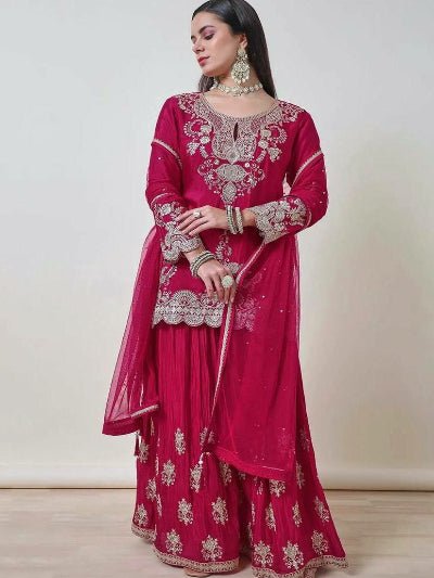 Magenta Pink Chinon Silk Embroidery & Sequin Work Sharara Palazzo Set - BONYHUBSALWAR KAMEEZ