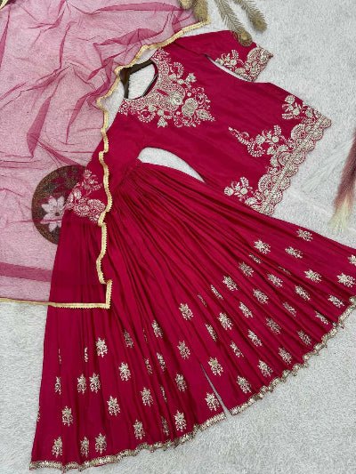 Magenta Pink Chinon Silk Embroidery & Sequin Work Sharara Palazzo Set - BONYHUBSALWAR KAMEEZ