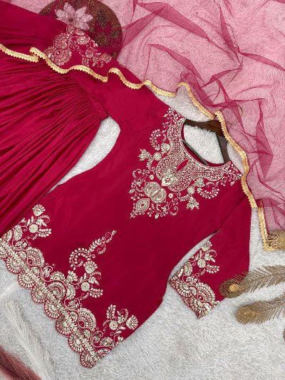 Magenta Pink Chinon Silk Embroidery & Sequin Work Sharara Palazzo Set - BONYHUBSALWAR KAMEEZ